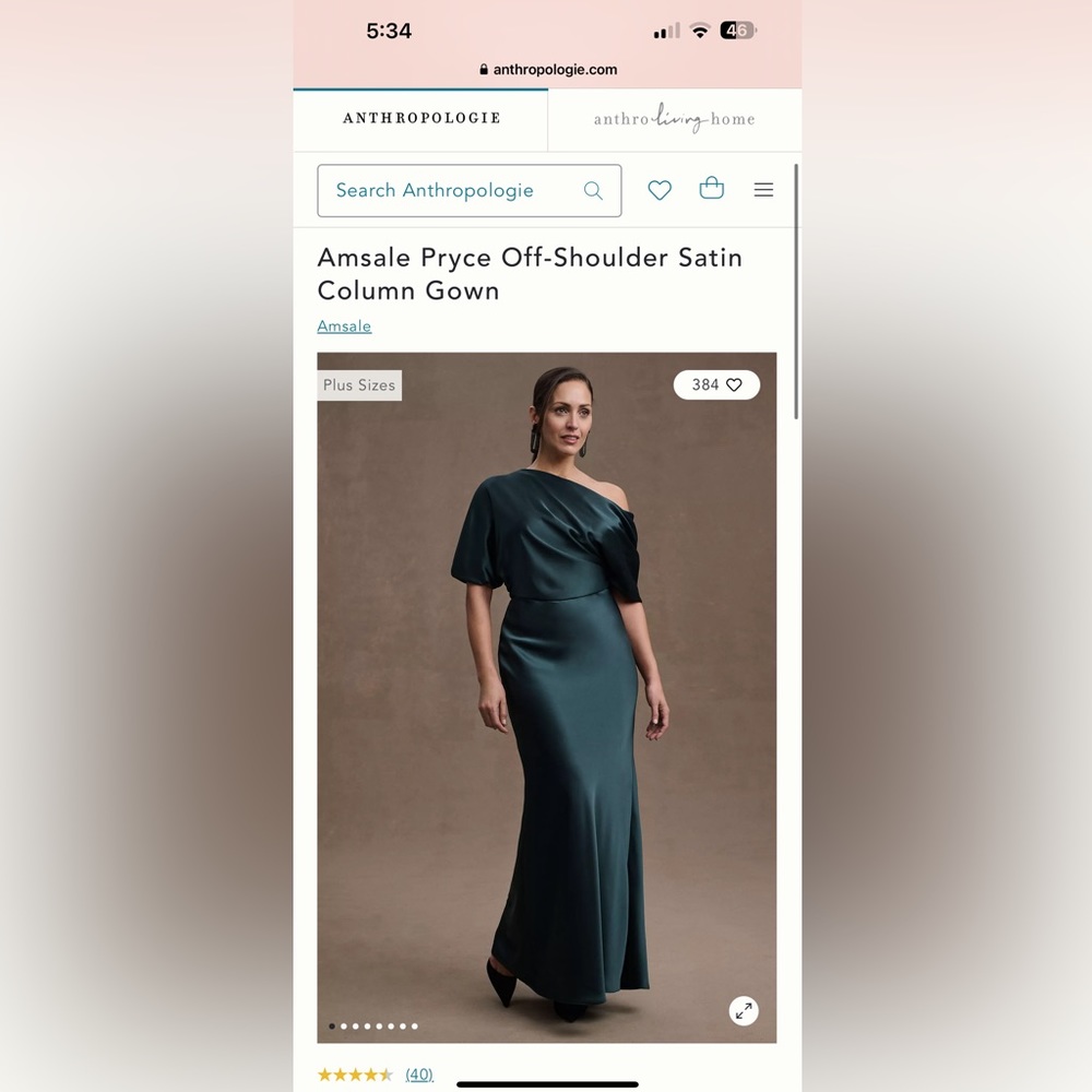 Amsale pryce off shoulder satin column gown. Plus size 16W. Color dark green